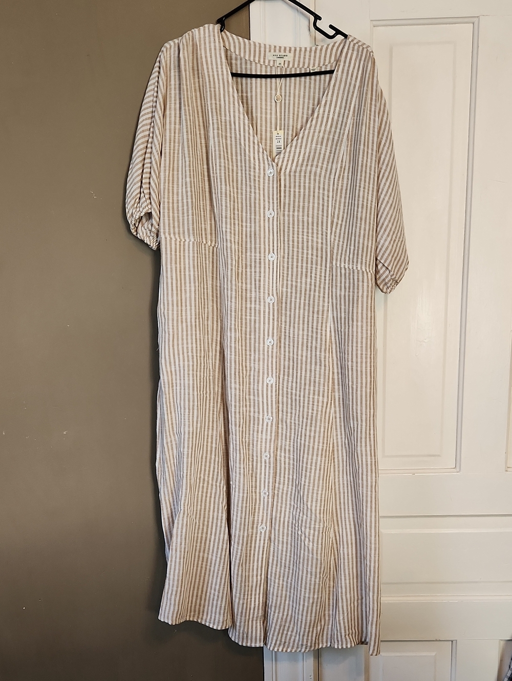 Max Studio Striped V-Neck Button-Front Dress in Beige and White - Picture 1 of 6